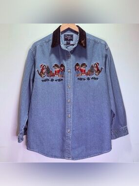 Vintage 90s Let’s Quiz Again Denim Christmas Cowboy Cats Shirt Western  L